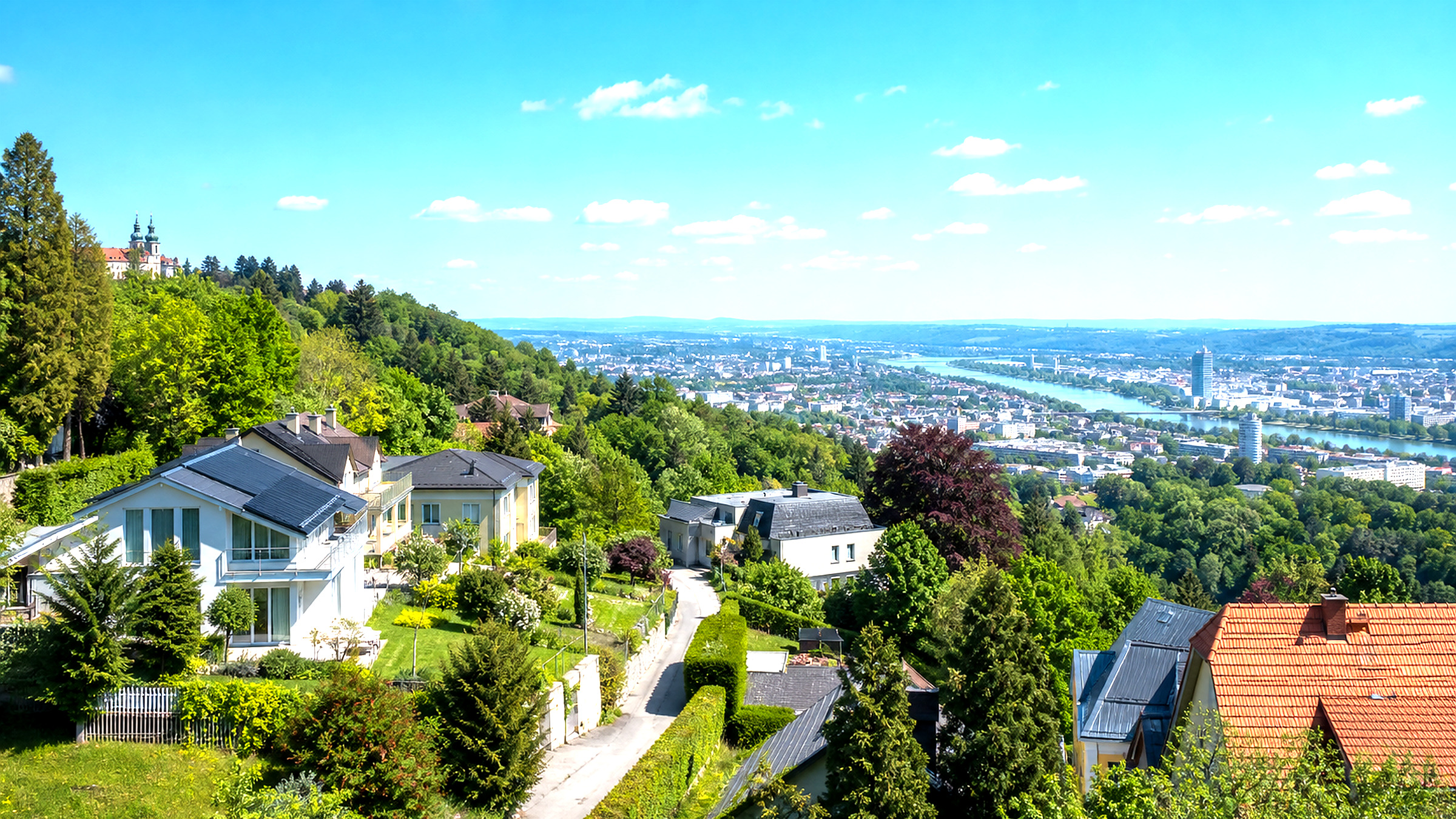 Pöstlingberg mit Kirche, Hanglagen und Linzer Wohngebiet