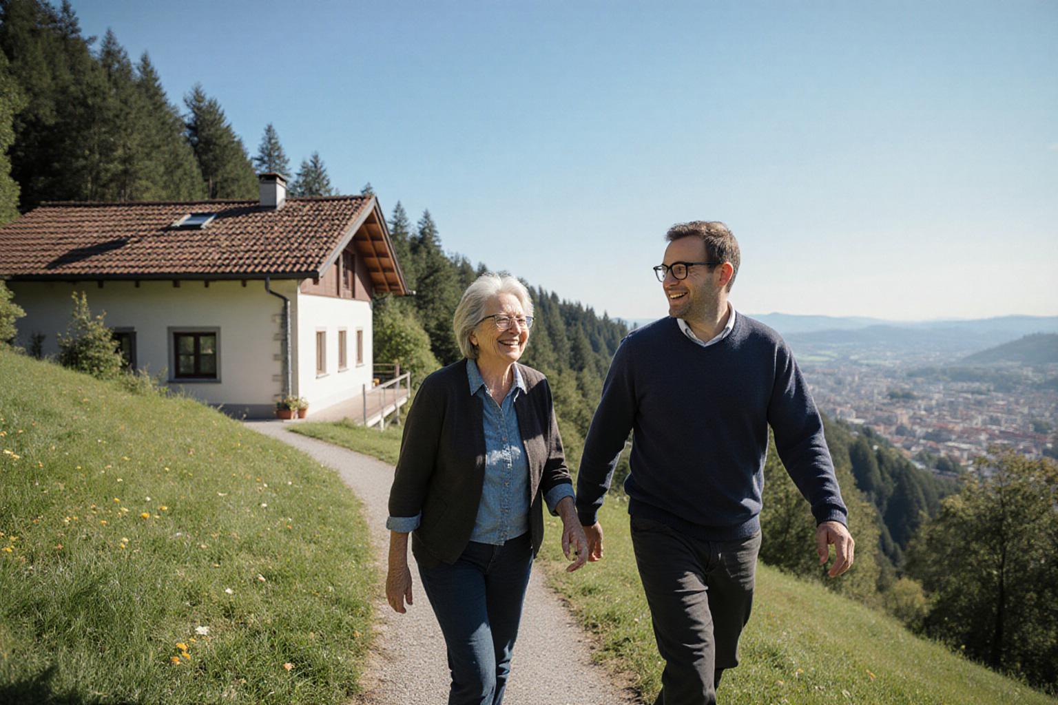Gemeinsamer Gartenrundgang am Hanghaus mit Wald und Talblick