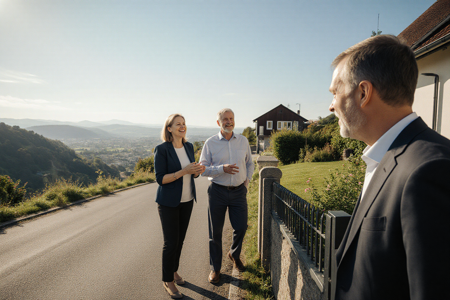 Immobiliengespräch in einer Hangwohnlage mit Garten und Aussicht